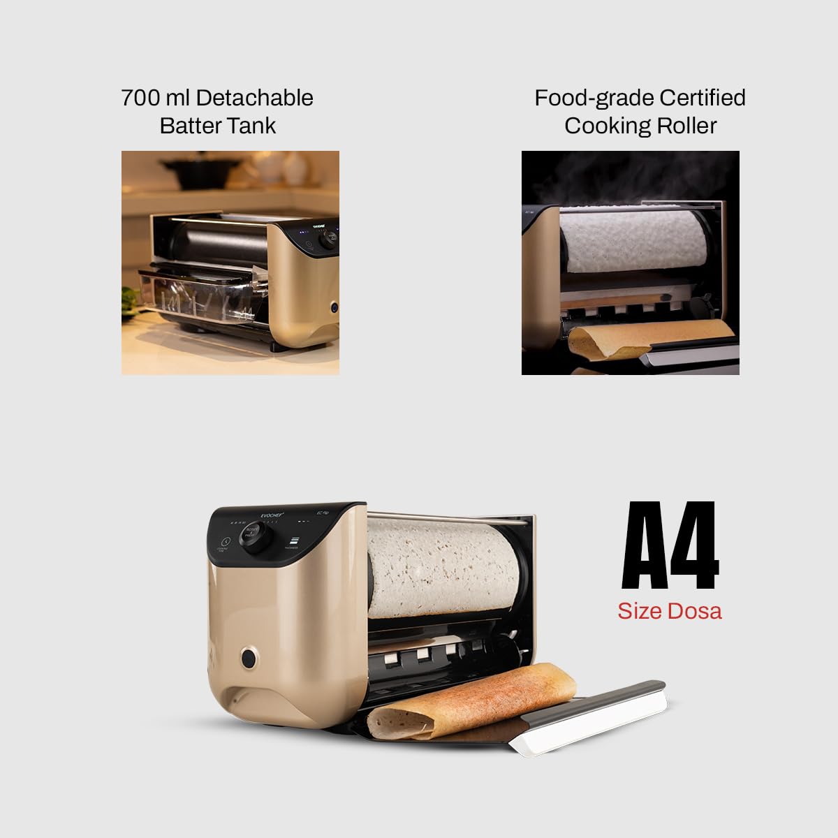 EVOCHEF EC Flip Automatic Dosa Maker, 1-Minute Dosas, 360° Food Grade Coated Roller, Easy Cooking Time & Thickness Control, Touch Controls, Compact & Portable, 1600W