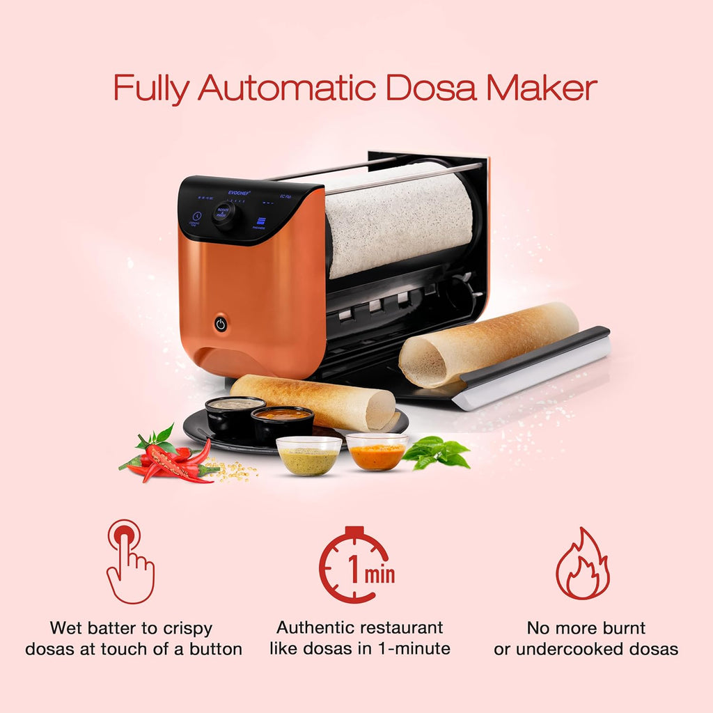 EVOCHEF EC Flip Automatic Dosa Maker, 1-Minute Dosas, 360° Food Grade Coated Roller, Easy Cooking Time & Thickness Control, Touch Controls, Compact & Portable, 1600W