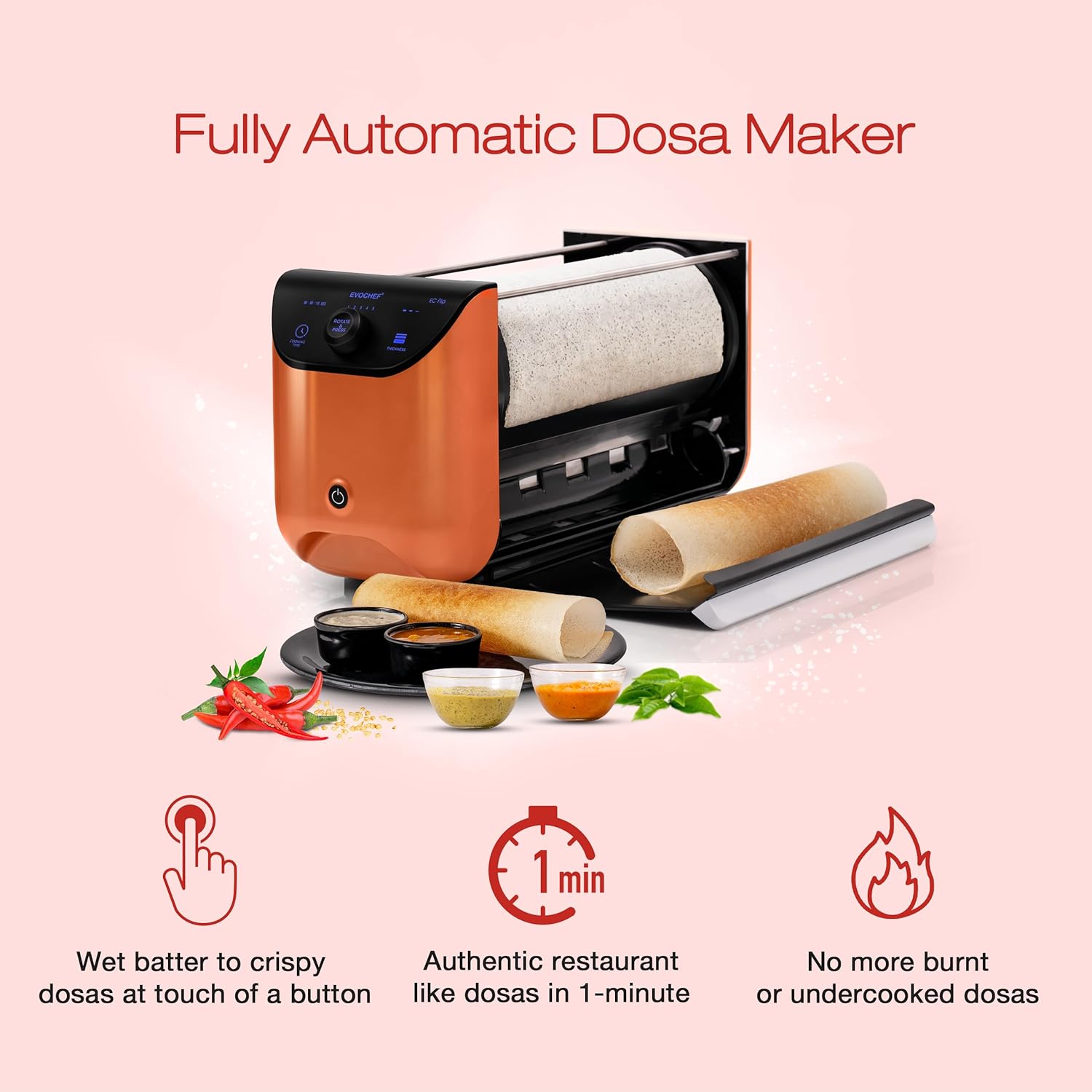 EVOCHEF EC Flip Automatic Dosa Maker, 1-Minute Dosas, 360° Food Grade Coated Roller, Easy Cooking Time & Thickness Control, Touch Controls, Compact & Portable, 1600W